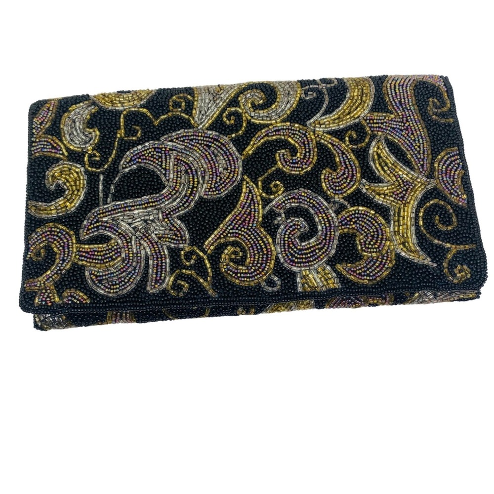 Vintage Beaded Clutch Purse: 1950s/60s Black Multi-Color Evening Bag